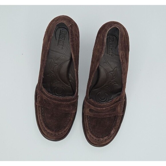 Born Brown Suede Comfort Penny Loafers Womens Chunky Heels Size 7 CKF10 - Picture 4 of 8